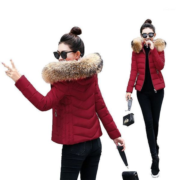 women's down & parkas thicken warm coats women winter slim casual cotton jackets fur hooded padded coat fashion solid short zipper jack, Black